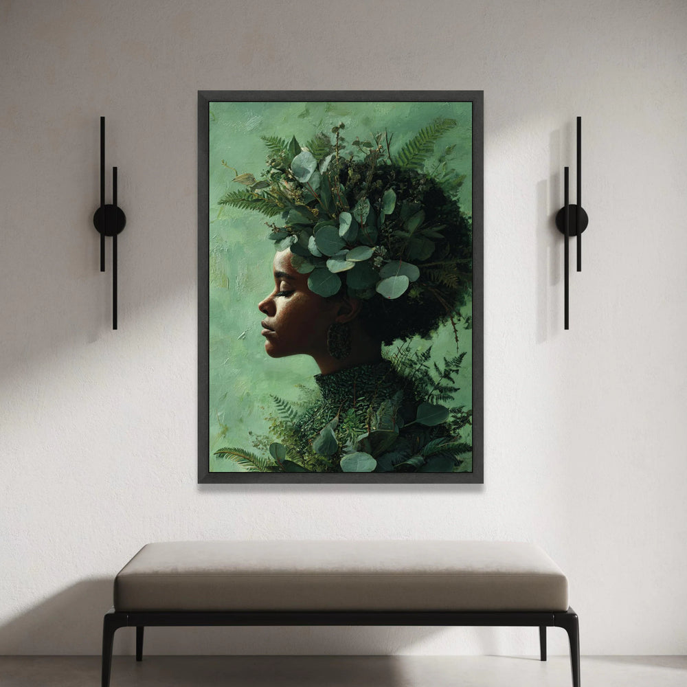 Serene Profile Portrait with Greenery Crown Canvas, Botanical Woman Wall Art, Nature Canvas, Feminine Home Decor, Peaceful Canvas Print Art