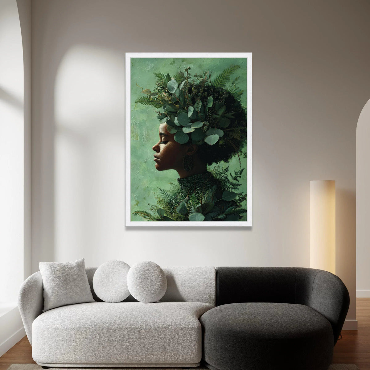 Serene Profile Portrait with Greenery Crown Canvas, Botanical Woman Wall Art, Nature Canvas, Feminine Home Decor, Peaceful Canvas Print Art
