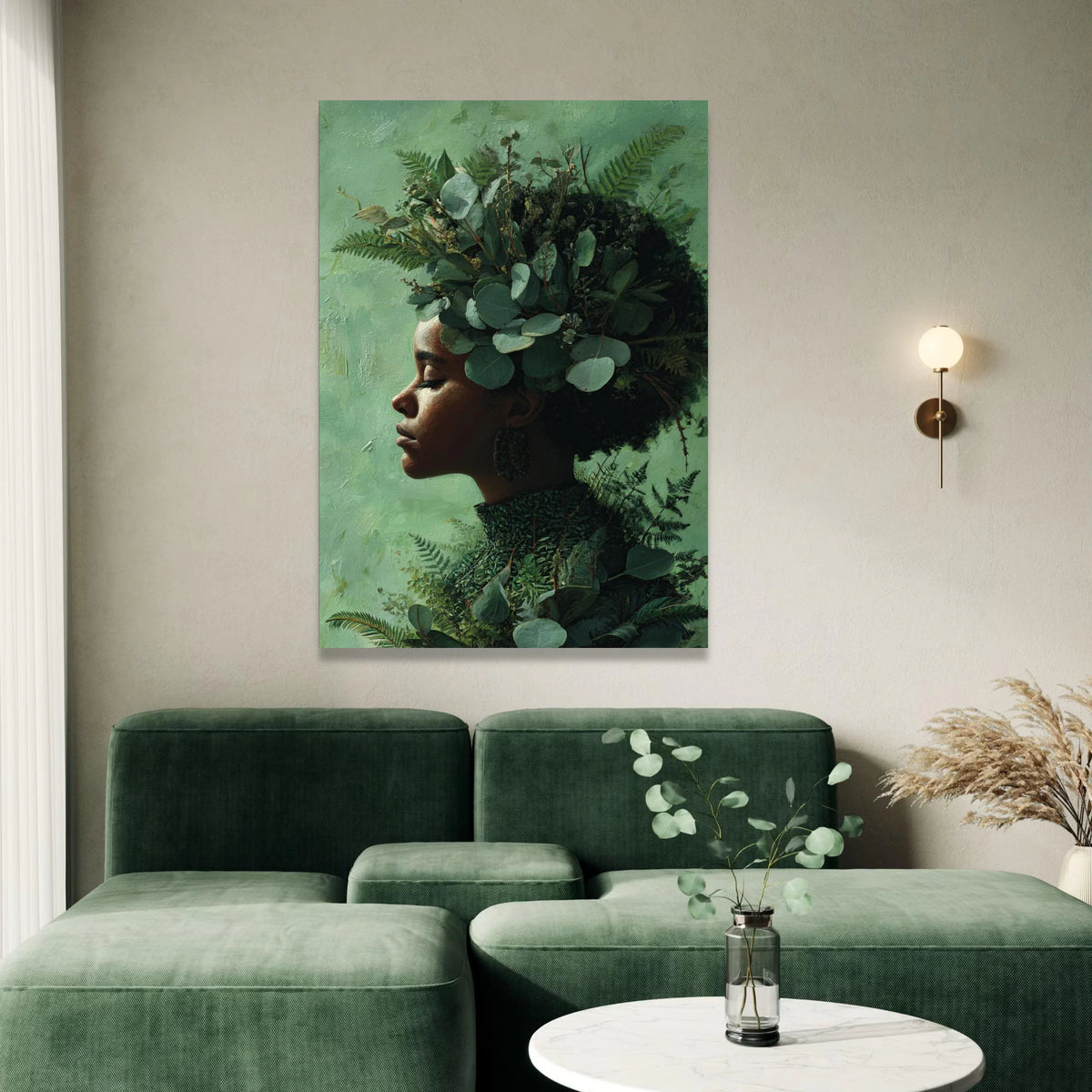 Serene Profile Portrait with Greenery Crown Canvas, Botanical Woman Wall Art, Nature Canvas, Feminine Home Decor, Peaceful Canvas Print Art