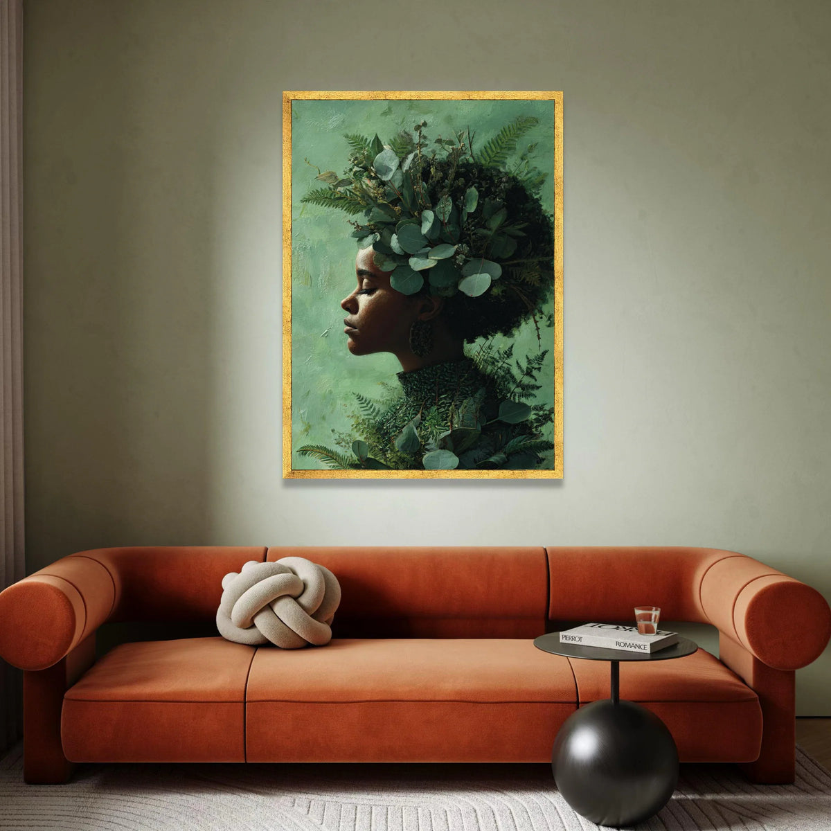 Serene Profile Portrait with Greenery Crown Canvas, Botanical Woman Wall Art, Nature Canvas, Feminine Home Decor, Peaceful Canvas Print Art