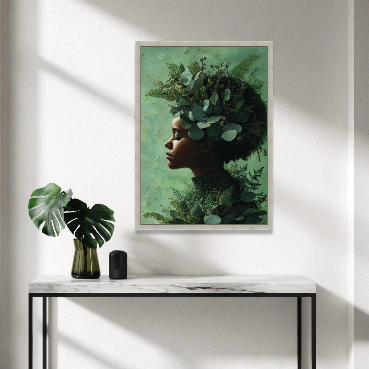Serene Profile Portrait with Greenery Crown Canvas, Botanical Woman Wall Art, Nature Canvas, Feminine Home Decor, Peaceful Canvas Print Art
