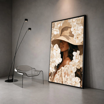 Elegant Woman Wide Brim Hat Canvas Wall Art, Floral Portrait Painting, Fashion Home Decor, Neutral Tones Wall Art, Chic Canvas Print Art