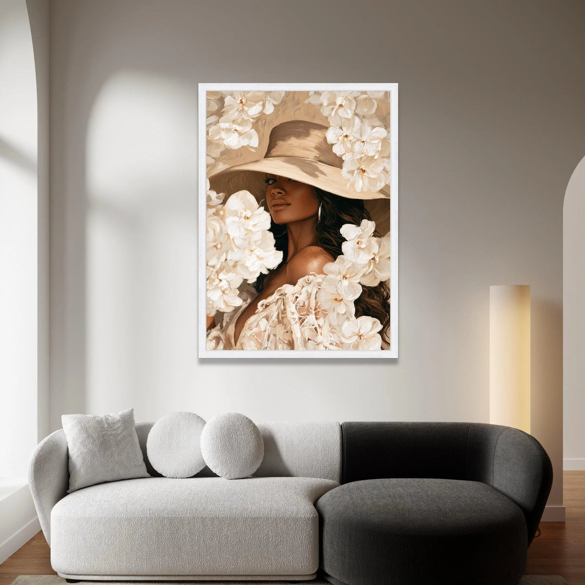 Elegant Woman Wide Brim Hat Canvas Wall Art, Floral Portrait Painting, Fashion Home Decor, Neutral Tones Wall Art, Chic Canvas Print Art