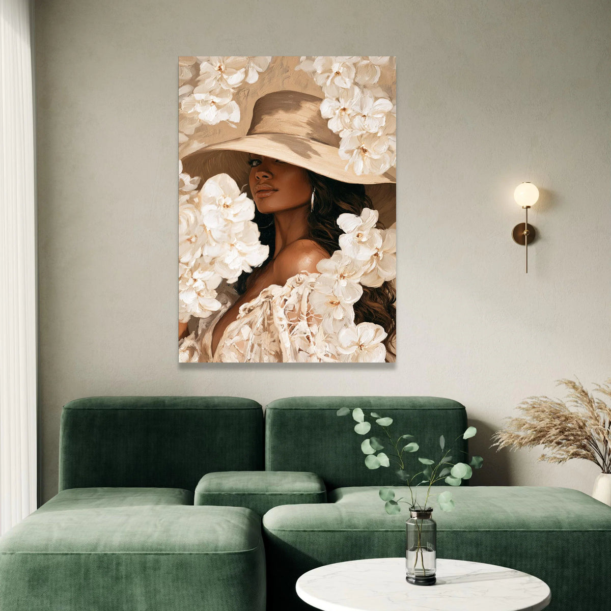 Elegant Woman Wide Brim Hat Canvas Wall Art, Floral Portrait Painting, Fashion Home Decor, Neutral Tones Wall Art, Chic Canvas Print Art