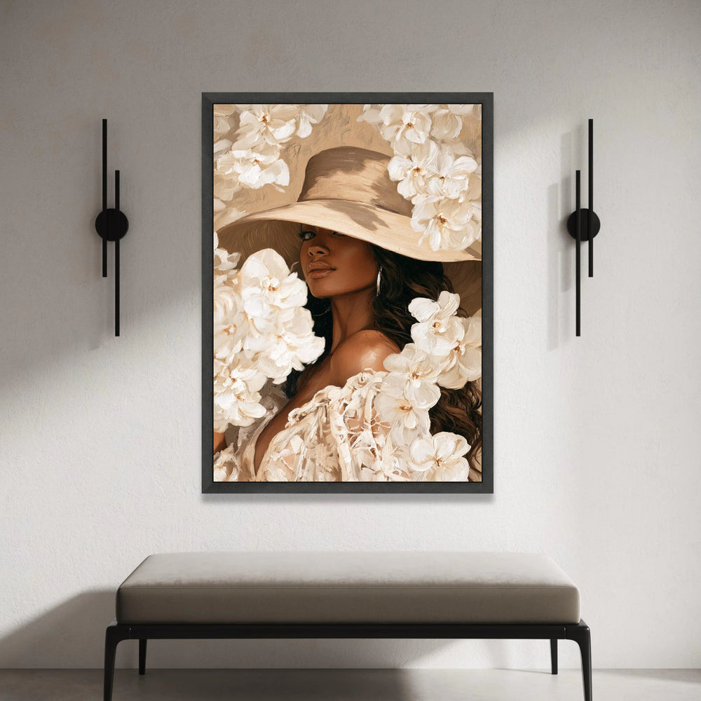 Elegant Woman Wide Brim Hat Canvas Wall Art, Floral Portrait Painting, Fashion Home Decor, Neutral Tones Wall Art, Chic Canvas Print Art
