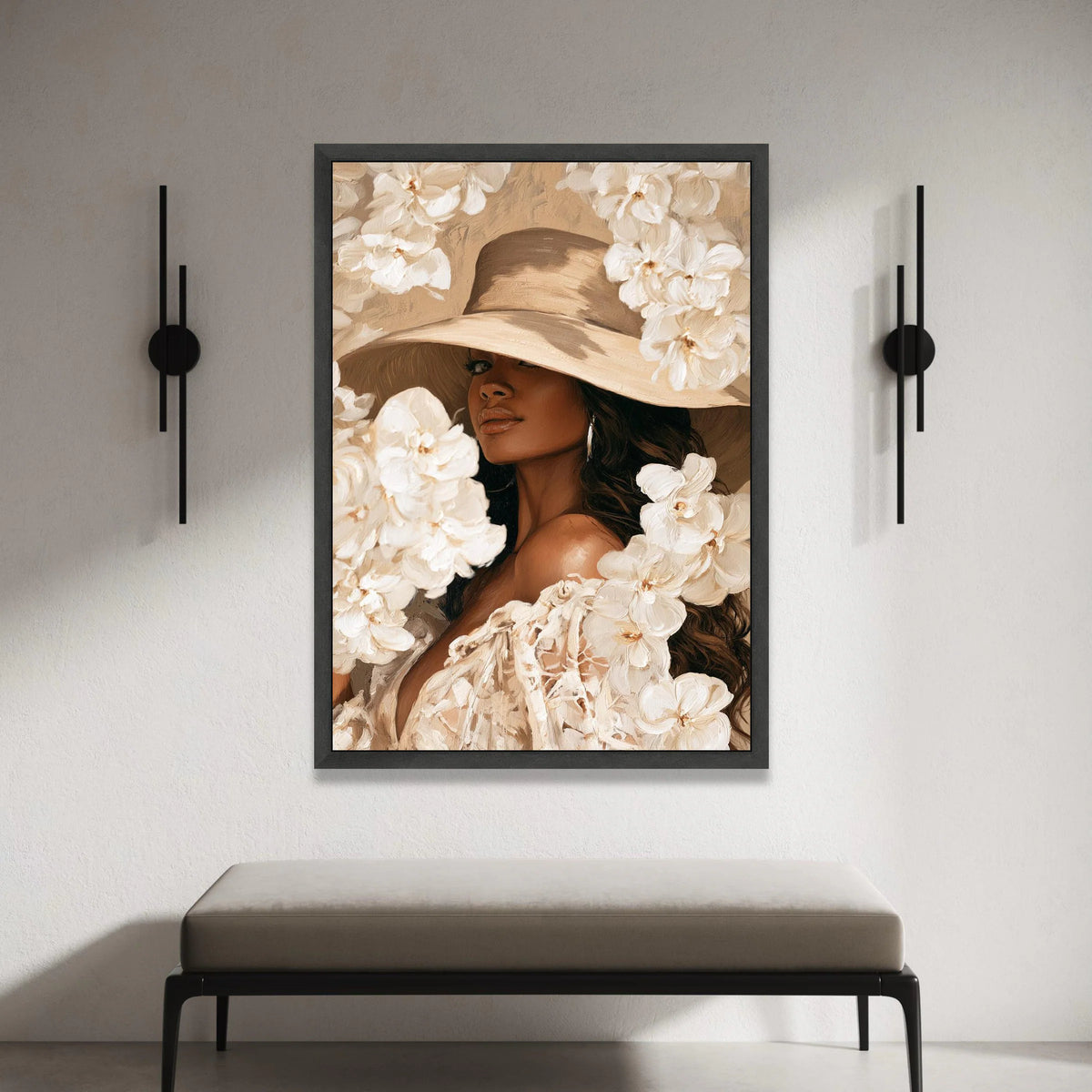 Elegant Woman Wide Brim Hat Canvas Wall Art, Floral Portrait Painting, Fashion Home Decor, Neutral Tones Wall Art, Chic Canvas Print Art