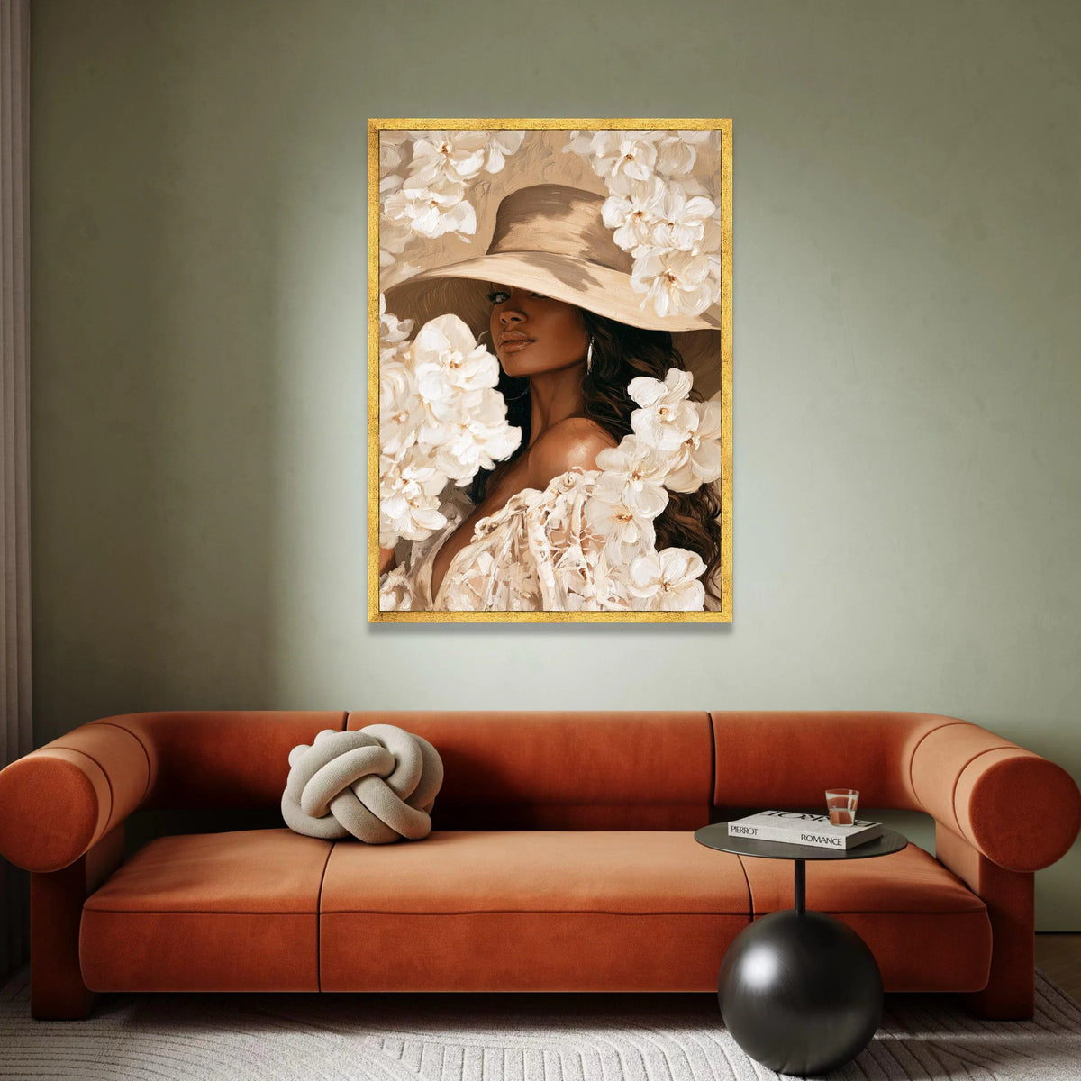 Elegant Woman Wide Brim Hat Canvas Wall Art, Floral Portrait Painting, Fashion Home Decor, Neutral Tones Wall Art, Chic Canvas Print Art
