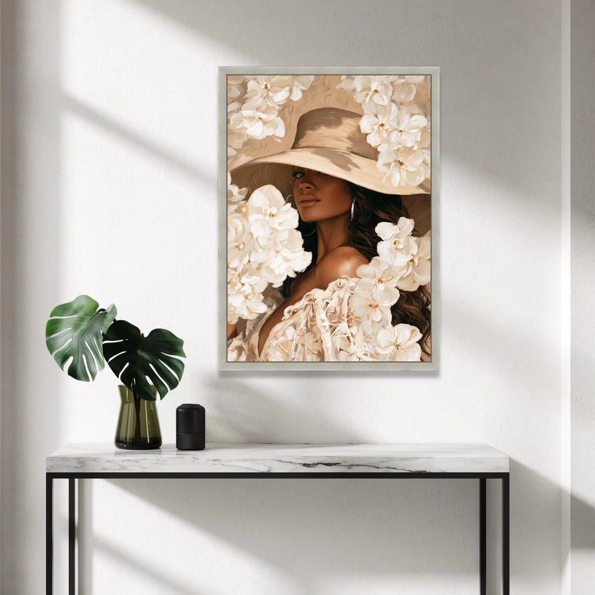 Elegant Woman Wide Brim Hat Canvas Wall Art, Floral Portrait Painting, Fashion Home Decor, Neutral Tones Wall Art, Chic Canvas Print Art