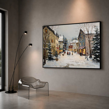 Winter Village Street Scene Canvas, Snowy Townscape Wall Art, Cozy Holiday Lights Canvas, Charming Snow Scene Decoration Canvas Print Art