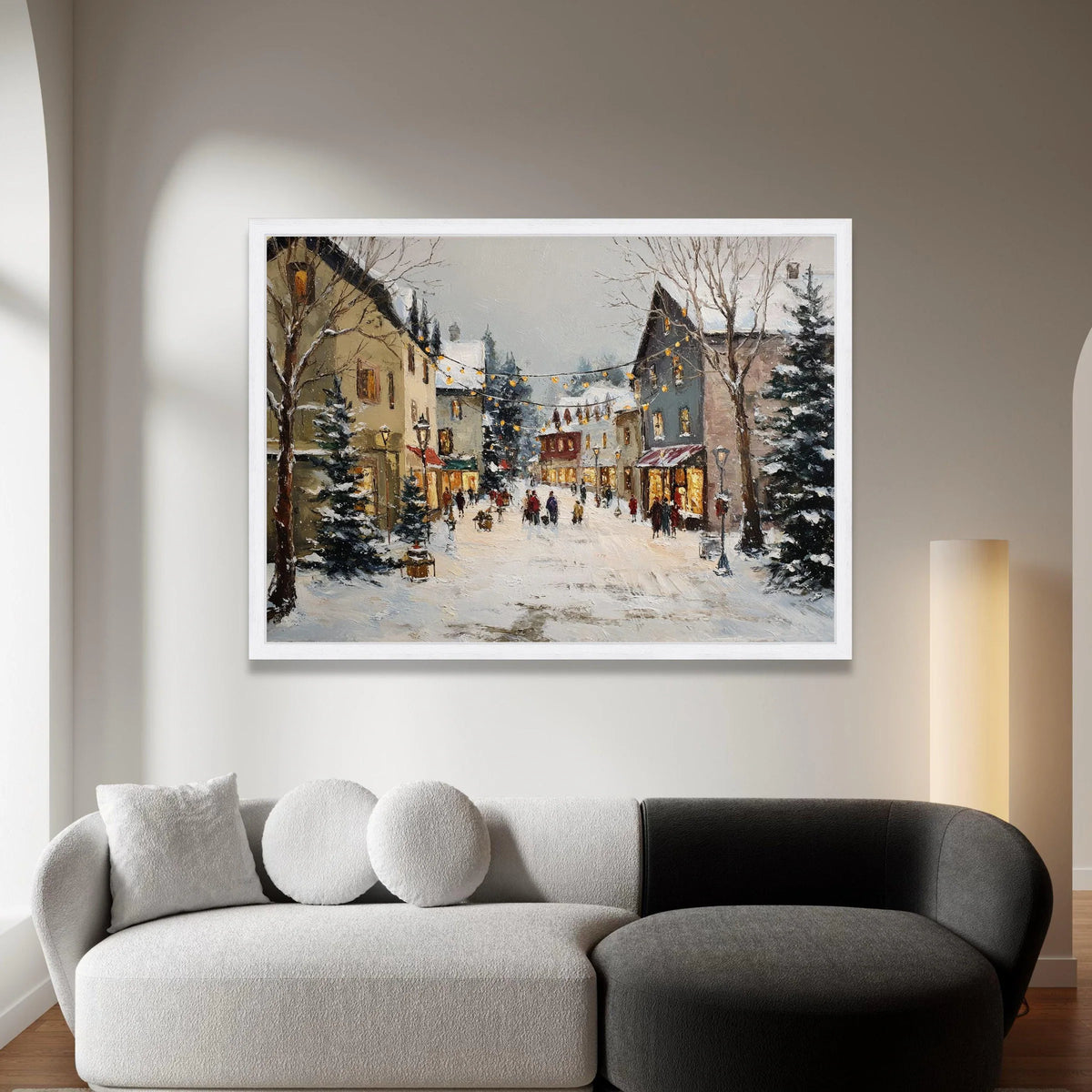 Winter Village Street Scene Canvas, Snowy Townscape Wall Art, Cozy Holiday Lights Canvas, Charming Snow Scene Decoration Canvas Print Art
