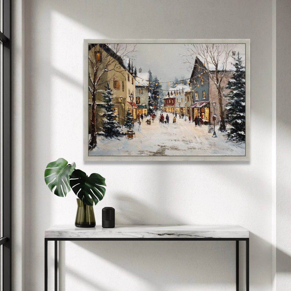 Winter Village Street Scene Canvas, Snowy Townscape Wall Art, Cozy Holiday Lights Canvas, Charming Snow Scene Decoration Canvas Print Art