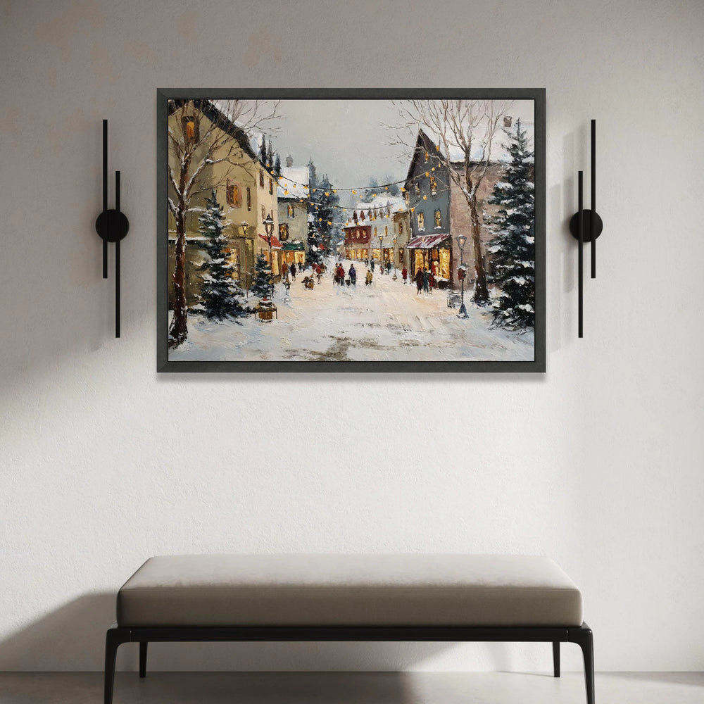 Winter Village Street Scene Canvas, Snowy Townscape Wall Art, Cozy Holiday Lights Canvas, Charming Snow Scene Decoration Canvas Print Art