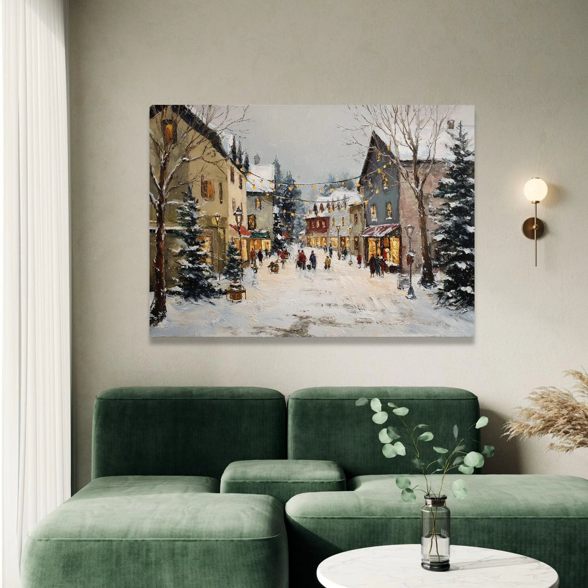 Winter Village Street Scene Canvas, Snowy Townscape Wall Art, Cozy Holiday Lights Canvas, Charming Snow Scene Decoration Canvas Print Art