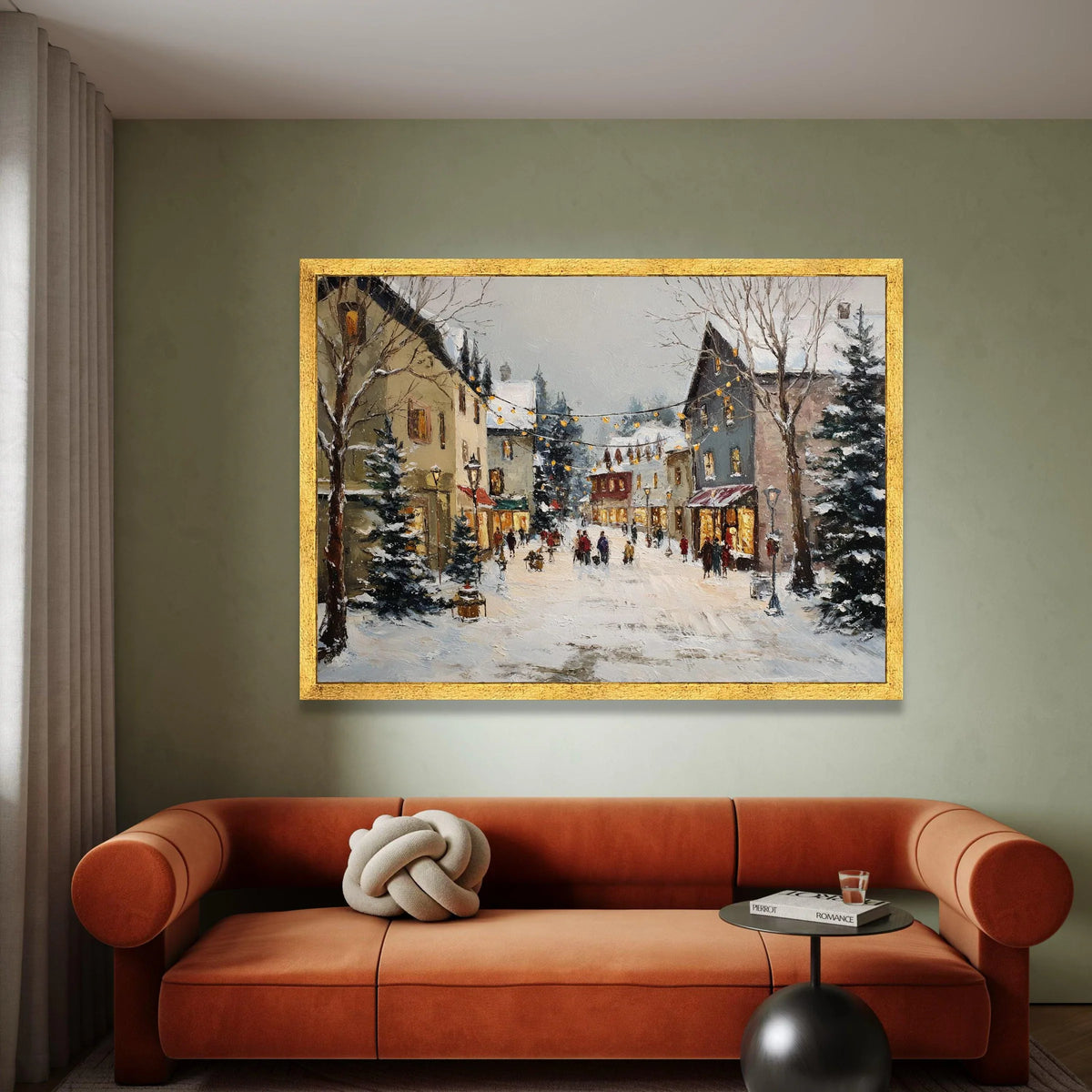 Winter Village Street Scene Canvas, Snowy Townscape Wall Art, Cozy Holiday Lights Canvas, Charming Snow Scene Decoration Canvas Print Art