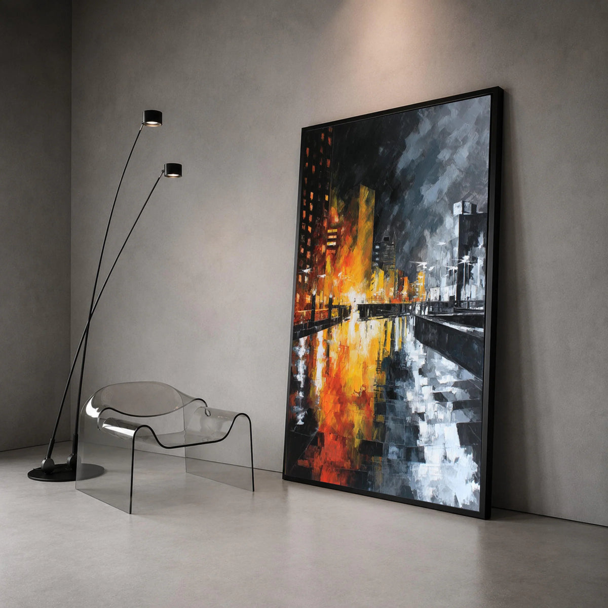 City Lights Reflection Canvas, Urban Nightscape Wall Art, Modern Cityscape Painting, River Reflection Canvas, Contemporary Canvas Print Art