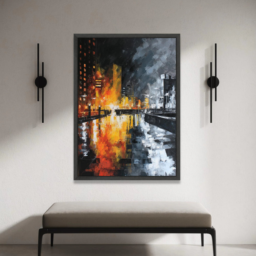 City Lights Reflection Canvas, Urban Nightscape Wall Art, Modern Cityscape Painting, River Reflection Canvas, Contemporary Canvas Print Art