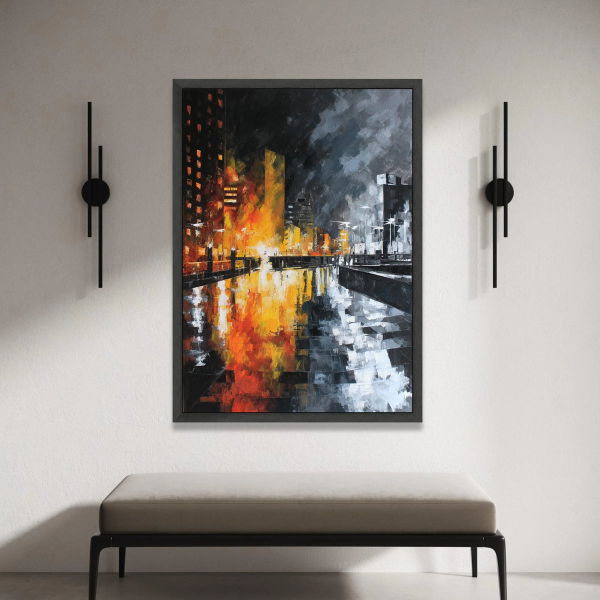 City Lights Reflection Canvas, Urban Nightscape Wall Art, Modern Cityscape Painting, River Reflection Canvas, Contemporary Canvas Print Art