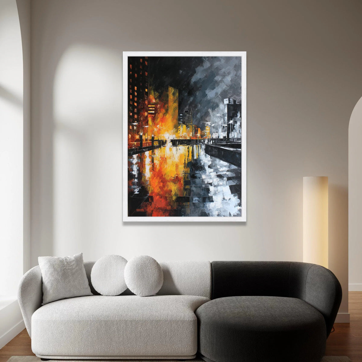 City Lights Reflection Canvas, Urban Nightscape Wall Art, Modern Cityscape Painting, River Reflection Canvas, Contemporary Canvas Print Art