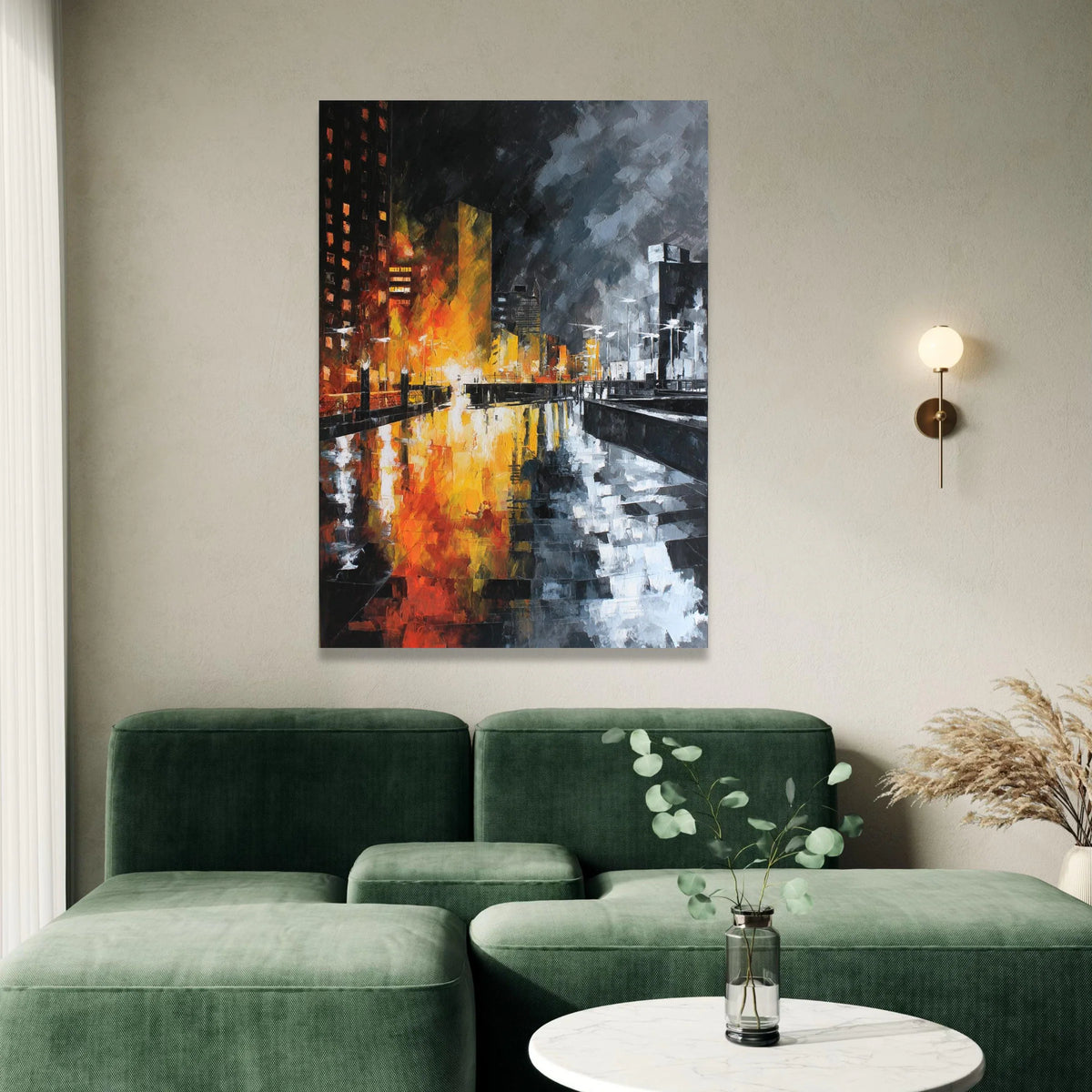 City Lights Reflection Canvas, Urban Nightscape Wall Art, Modern Cityscape Painting, River Reflection Canvas, Contemporary Canvas Print Art