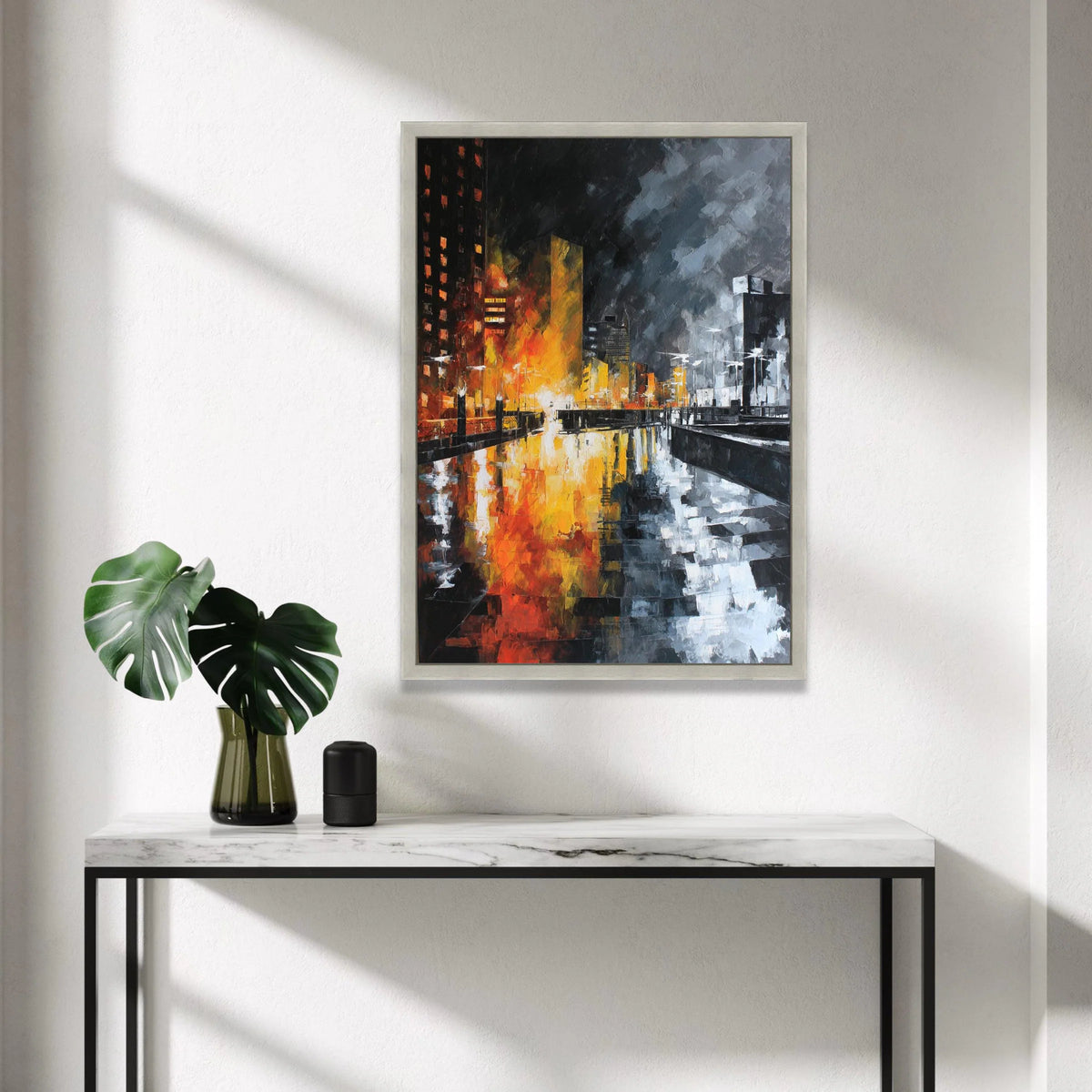 City Lights Reflection Canvas, Urban Nightscape Wall Art, Modern Cityscape Painting, River Reflection Canvas, Contemporary Canvas Print Art