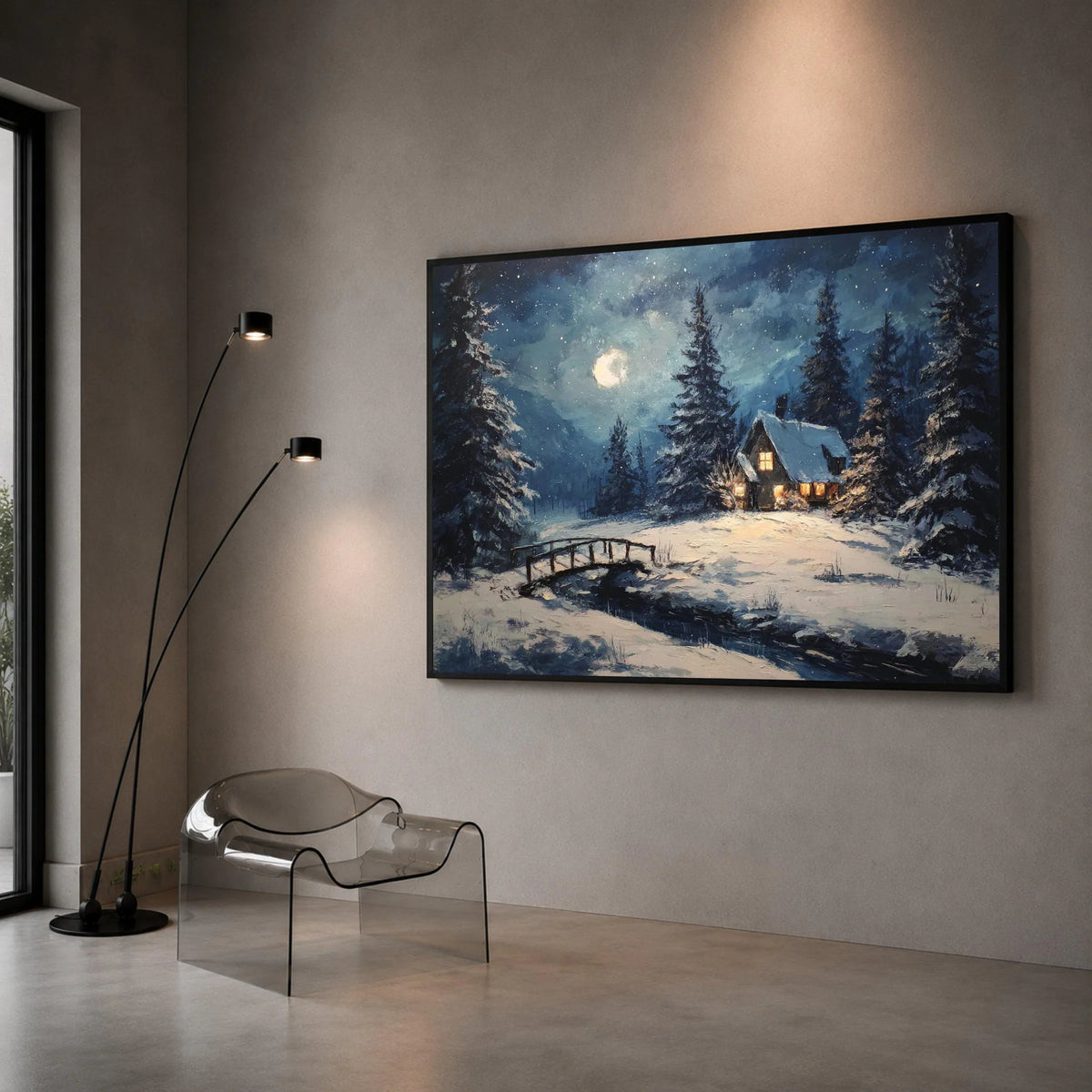 Cozy Winter Cabin Scene, Snowy Forest Landscape Canvas, Moonlit Night Wall Art, Rustic Home Decoration, Serene Winter Canvas Print Art