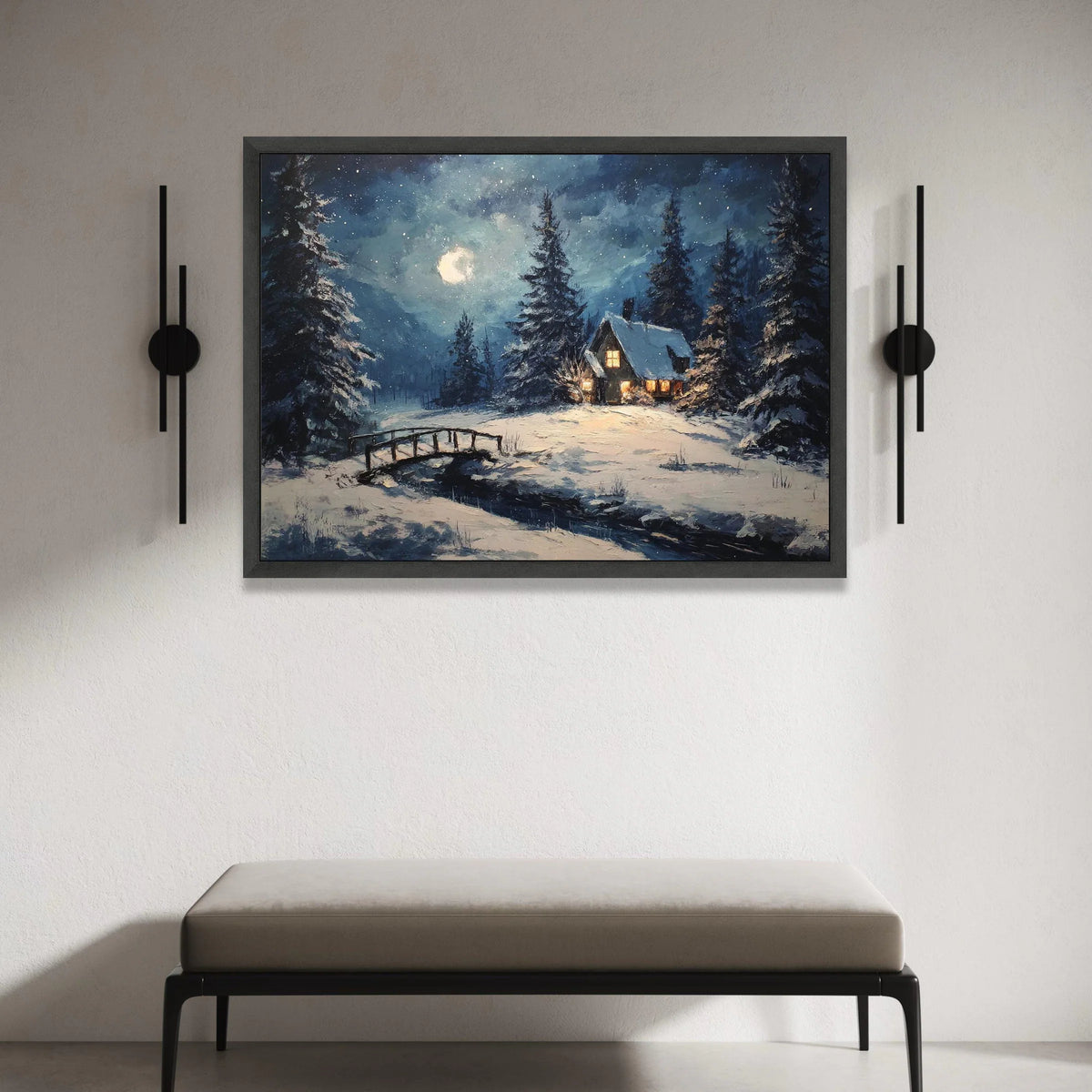 Cozy Winter Cabin Scene, Snowy Forest Landscape Canvas, Moonlit Night Wall Art, Rustic Home Decoration, Serene Winter Canvas Print Art