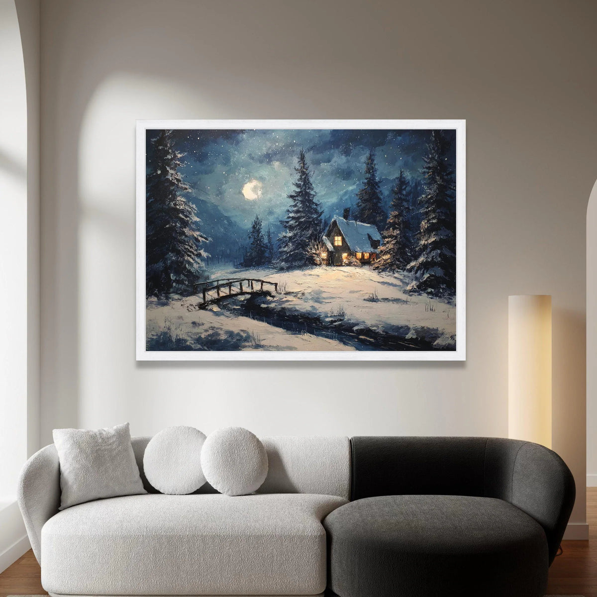 Cozy Winter Cabin Scene, Snowy Forest Landscape Canvas, Moonlit Night Wall Art, Rustic Home Decoration, Serene Winter Canvas Print Art