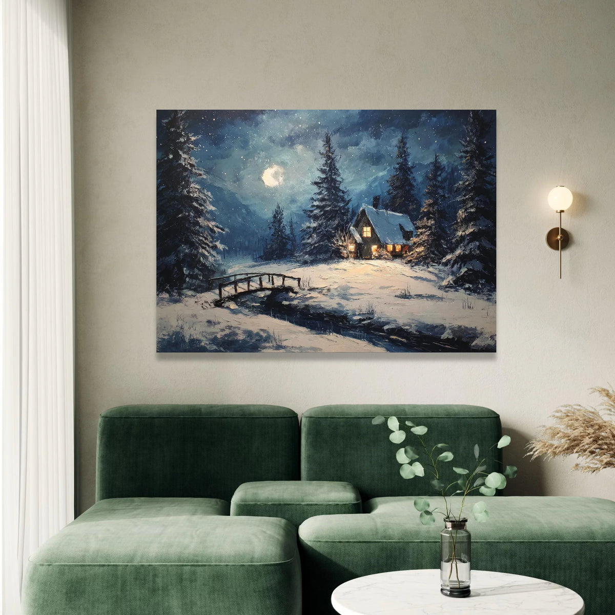 Cozy Winter Cabin Scene, Snowy Forest Landscape Canvas, Moonlit Night Wall Art, Rustic Home Decoration, Serene Winter Canvas Print Art