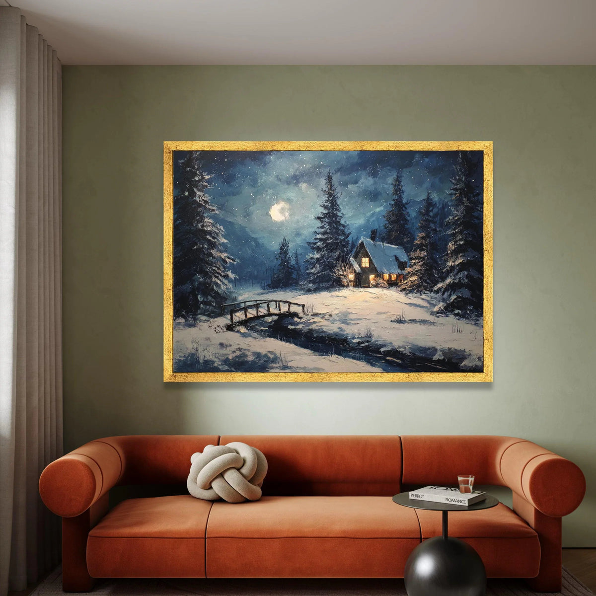 Cozy Winter Cabin Scene, Snowy Forest Landscape Canvas, Moonlit Night Wall Art, Rustic Home Decoration, Serene Winter Canvas Print Art