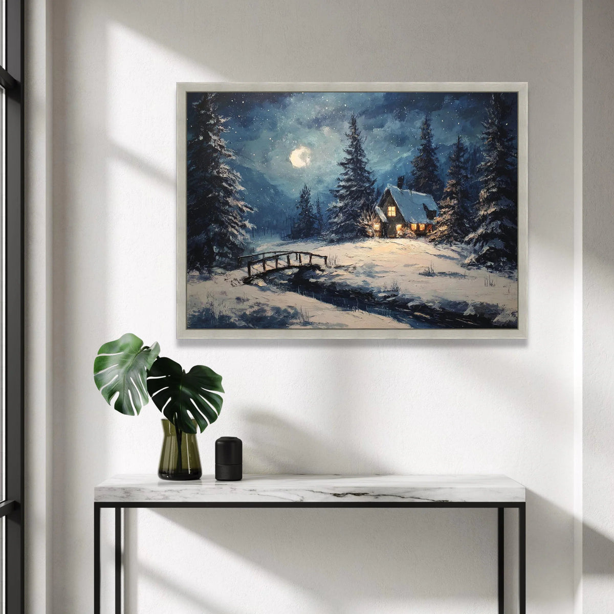 Cozy Winter Cabin Scene, Snowy Forest Landscape Canvas, Moonlit Night Wall Art, Rustic Home Decoration, Serene Winter Canvas Print Art