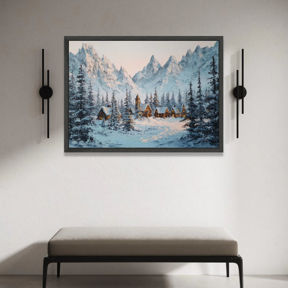Winter Mountain Village Canvas, Snowy Cabin Scene Wall Art, Pine Forest Landscape, Cozy Winter Home Decor, Ready to Hang Canvas Print Art