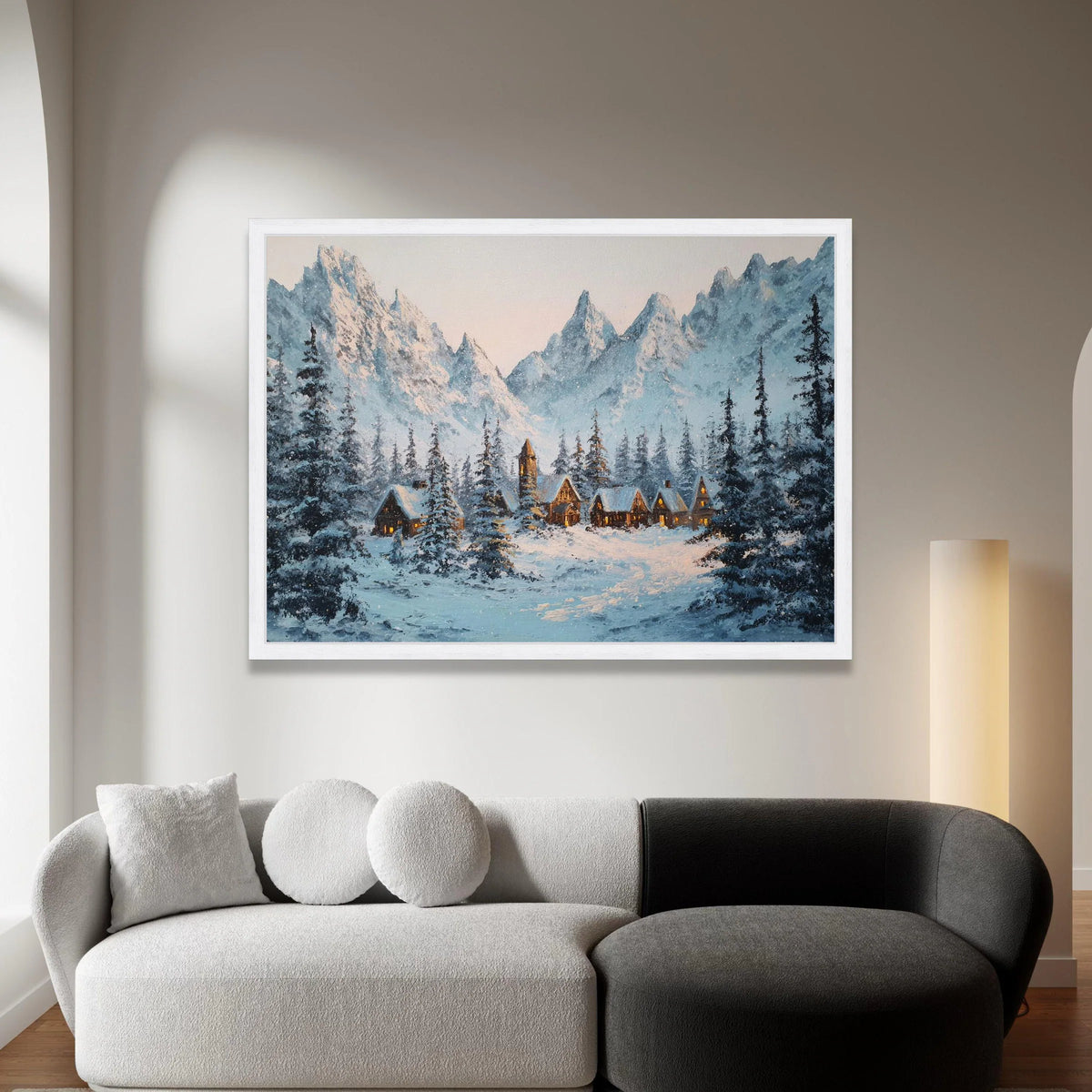Winter Mountain Village Canvas, Snowy Cabin Scene Wall Art, Pine Forest Landscape, Cozy Winter Home Decor, Ready to Hang Canvas Print Art