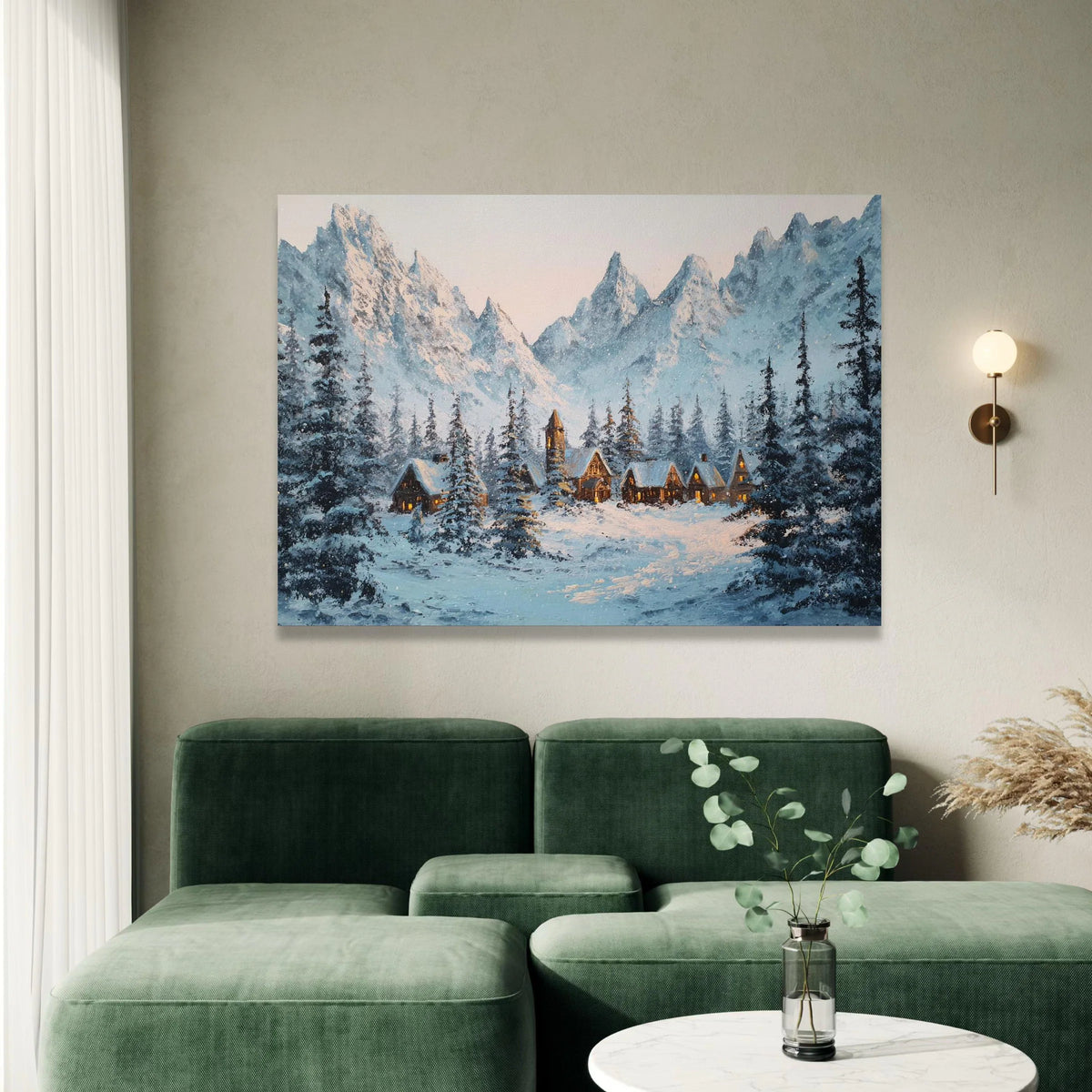 Winter Mountain Village Canvas, Snowy Cabin Scene Wall Art, Pine Forest Landscape, Cozy Winter Home Decor, Ready to Hang Canvas Print Art