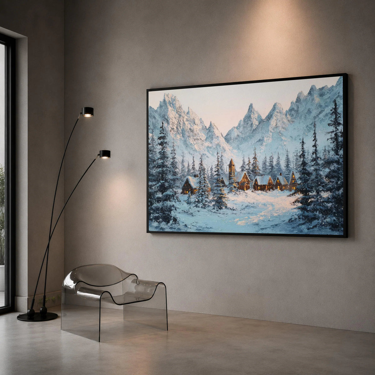 Winter Mountain Village Canvas, Snowy Cabin Scene Wall Art, Pine Forest Landscape, Cozy Winter Home Decor, Ready to Hang Canvas Print Art