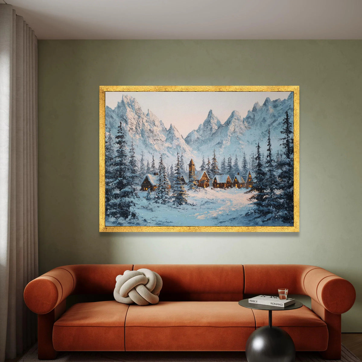 Winter Mountain Village Canvas, Snowy Cabin Scene Wall Art, Pine Forest Landscape, Cozy Winter Home Decor, Ready to Hang Canvas Print Art
