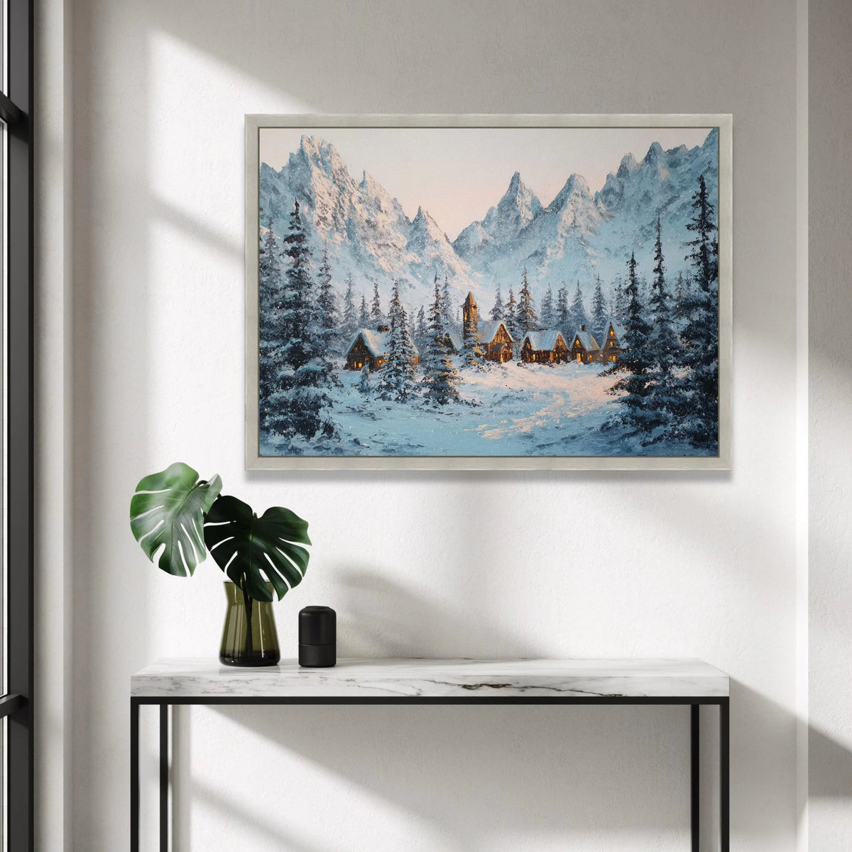 Winter Mountain Village Canvas, Snowy Cabin Scene Wall Art, Pine Forest Landscape, Cozy Winter Home Decor, Ready to Hang Canvas Print Art
