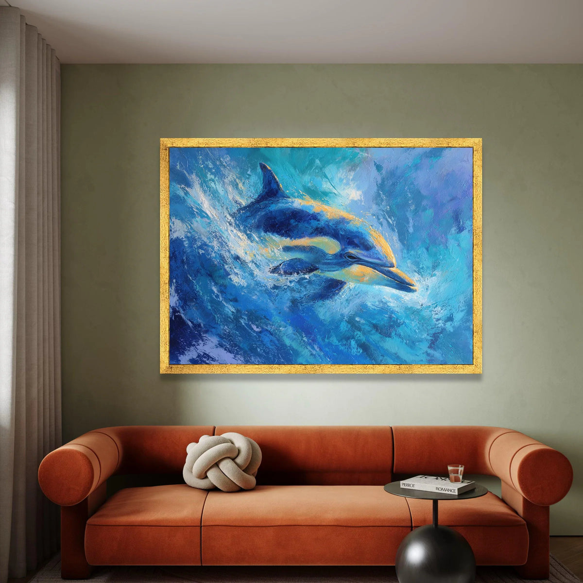 Vibrant Dolphin Swim Canvas, Ocean Life Wall Art, Blue Sea Animal Canvas, Marine Wildlife Decoration, Coastal Home Canvas Canvas Print Art