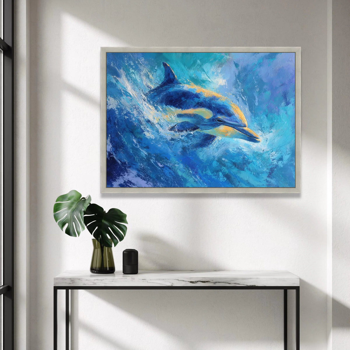 Vibrant Dolphin Swim Canvas, Ocean Life Wall Art, Blue Sea Animal Canvas, Marine Wildlife Decoration, Coastal Home Canvas Canvas Print Art