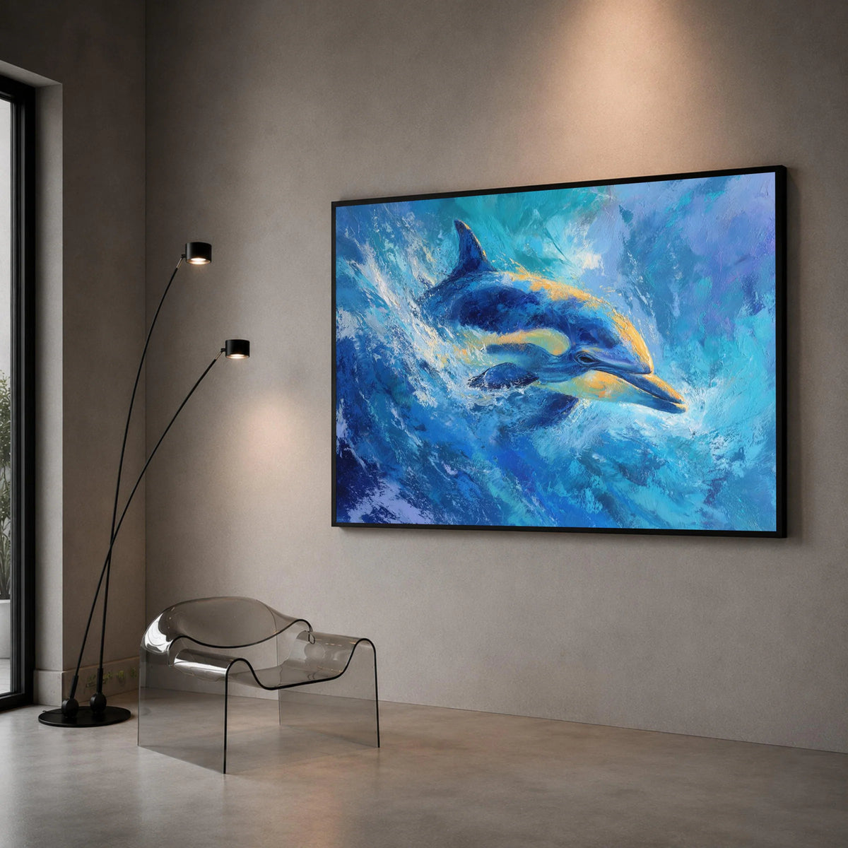 Vibrant Dolphin Swim Canvas, Ocean Life Wall Art, Blue Sea Animal Canvas, Marine Wildlife Decoration, Coastal Home Canvas Canvas Print Art