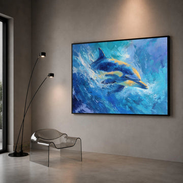 Vibrant Dolphin Swim Canvas, Ocean Life Wall Art, Blue Sea Animal Canvas, Marine Wildlife Decoration, Coastal Home Canvas Canvas Print Art