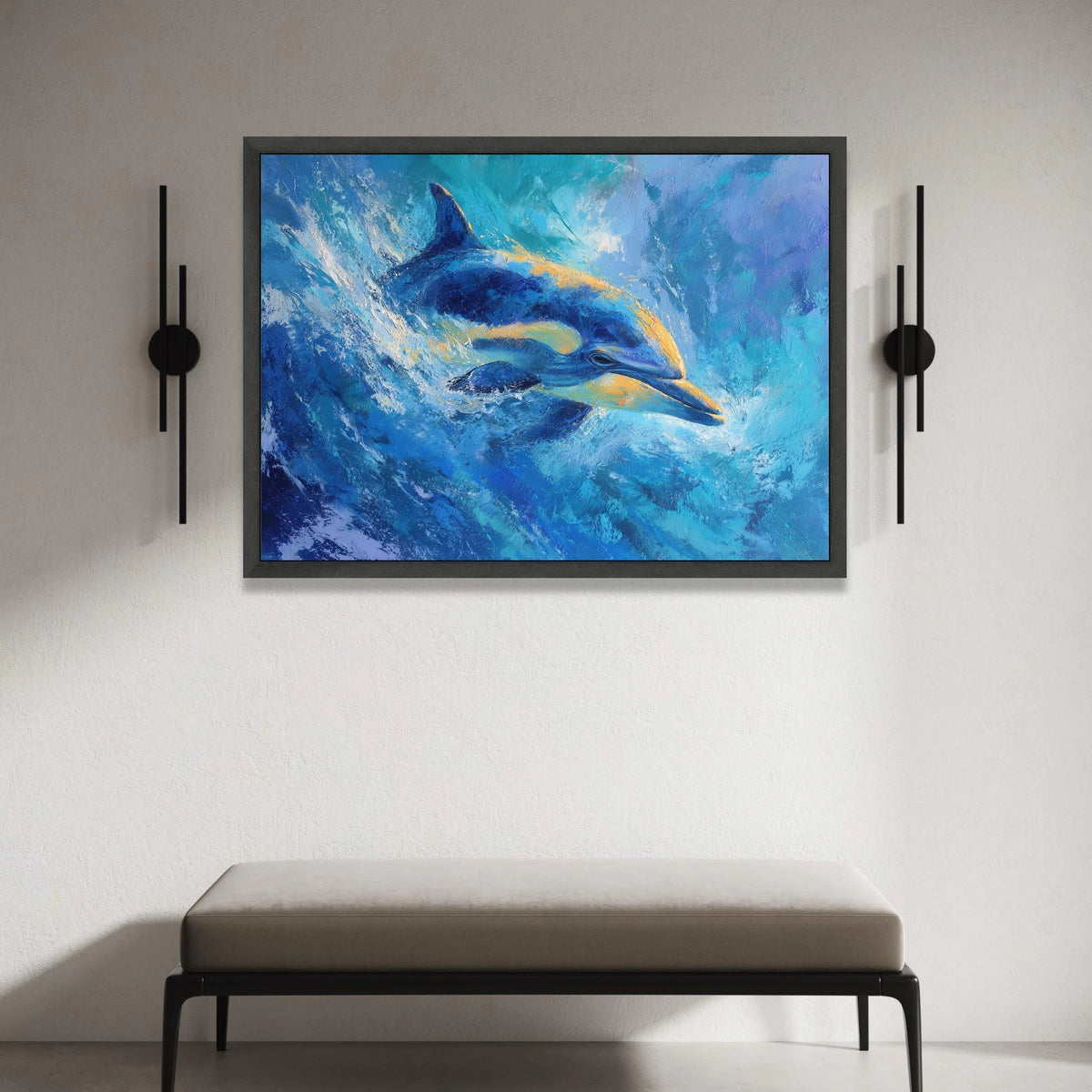 Vibrant Dolphin Swim Canvas, Ocean Life Wall Art, Blue Sea Animal Canvas, Marine Wildlife Decoration, Coastal Home Canvas Canvas Print Art