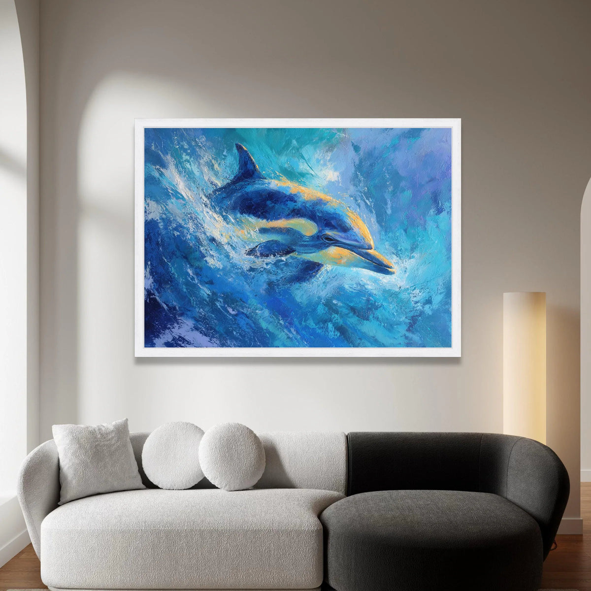 Vibrant Dolphin Swim Canvas, Ocean Life Wall Art, Blue Sea Animal Canvas, Marine Wildlife Decoration, Coastal Home Canvas Canvas Print Art