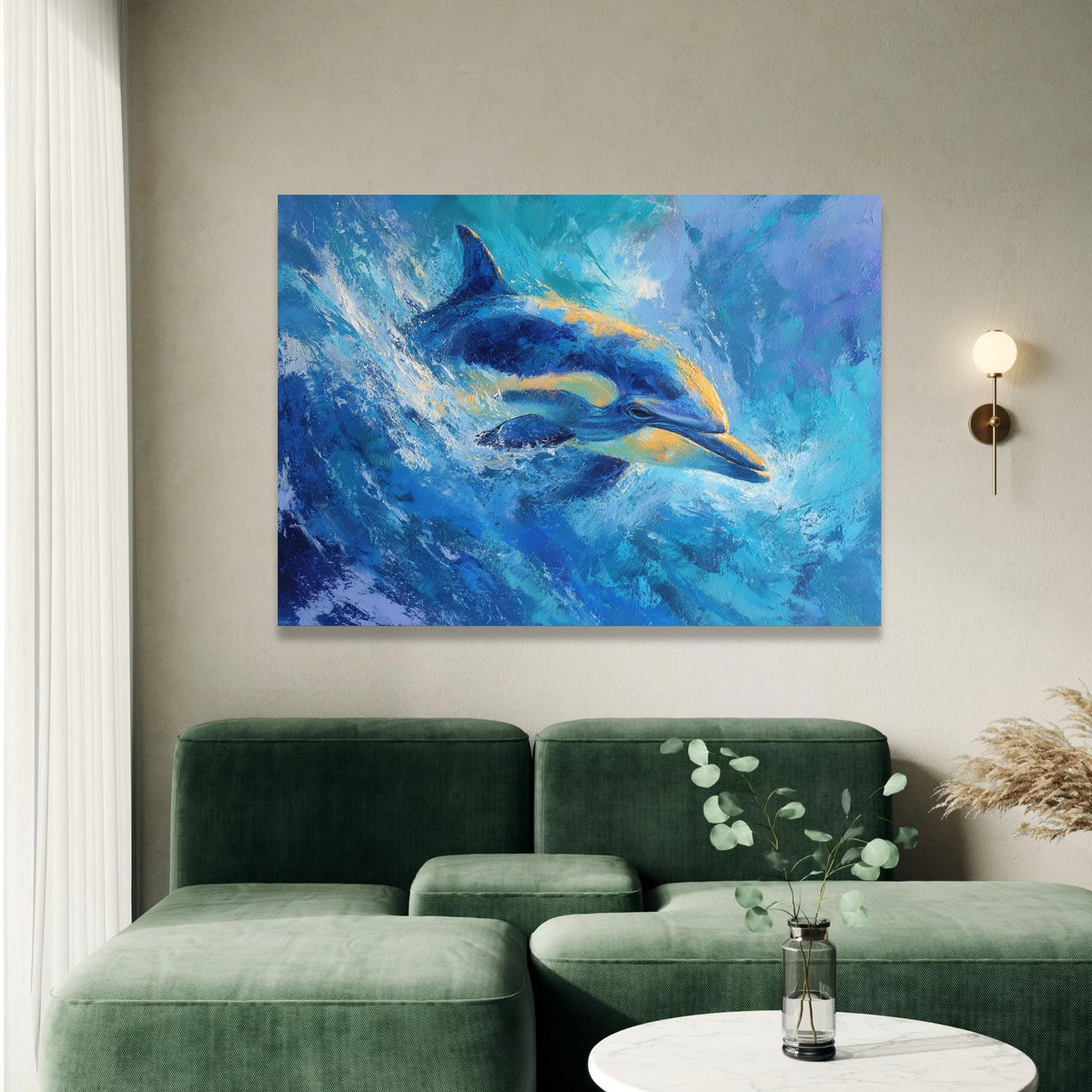 Vibrant Dolphin Swim Canvas, Ocean Life Wall Art, Blue Sea Animal Canvas, Marine Wildlife Decoration, Coastal Home Canvas Canvas Print Art