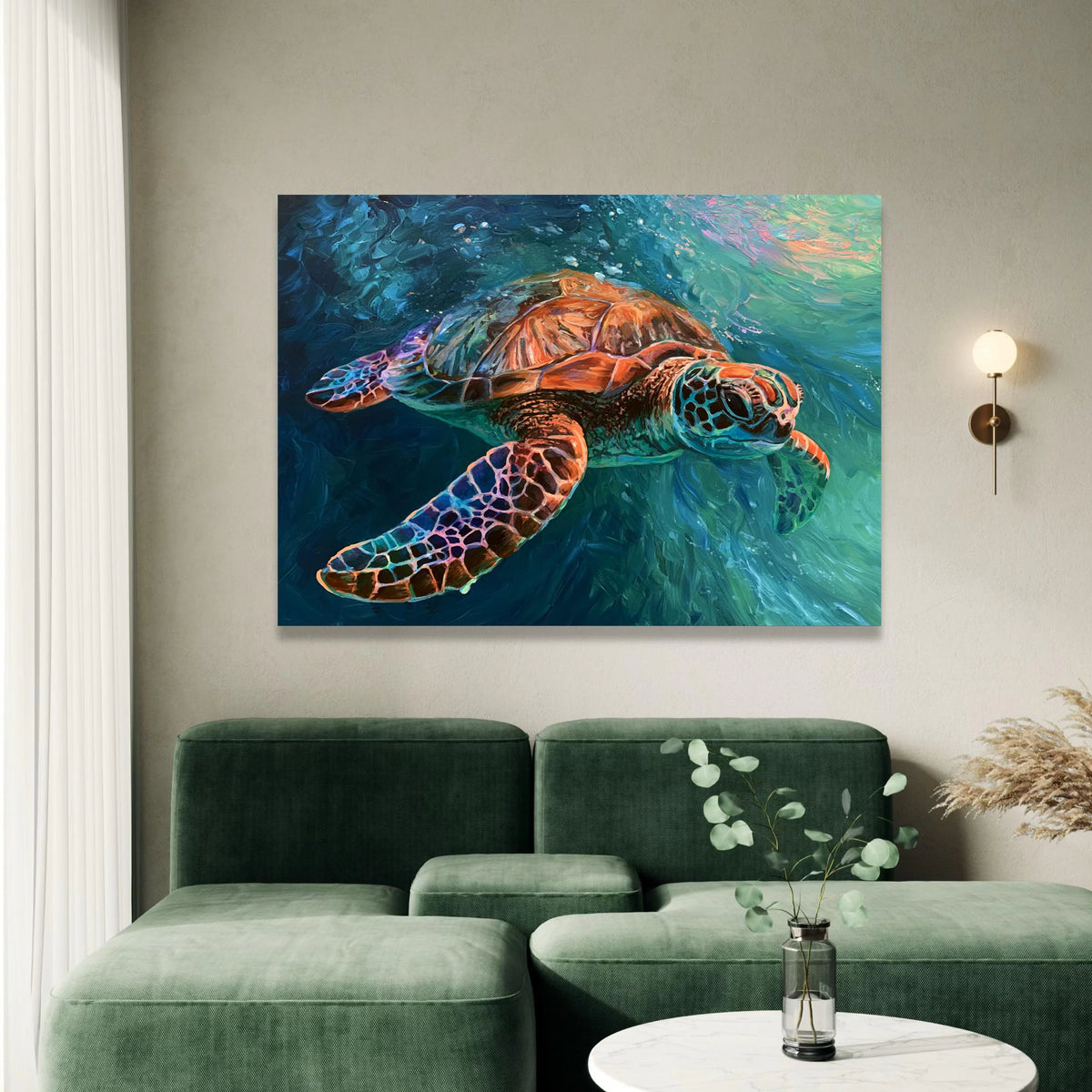 Vibrant Sea Turtle Canvas Wall Art, Ocean Animal Decor, Marine Life Canvas, Underwater Nature Painting, Colorful Sea Canvas Print Art