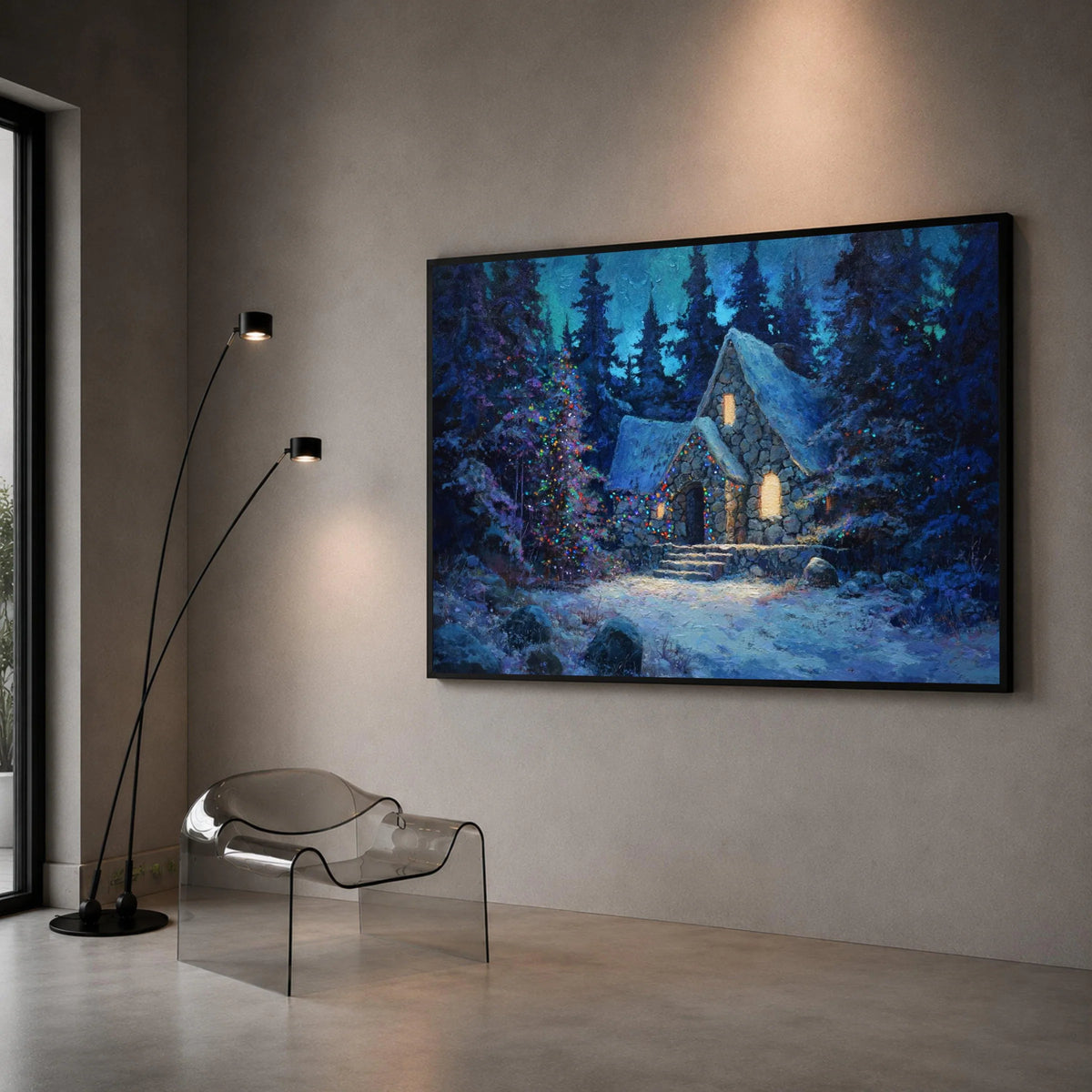 Cozy Winter Cabin Canvas Wall Art, Snowy Stone House, Holiday Lights Decor, Rustic Forest Scene, Warm Evening Canvas, Canvas Print Art