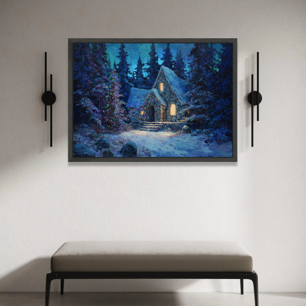 Cozy Winter Cabin Canvas Wall Art, Snowy Stone House, Holiday Lights Decor, Rustic Forest Scene, Warm Evening Canvas, Canvas Print Art