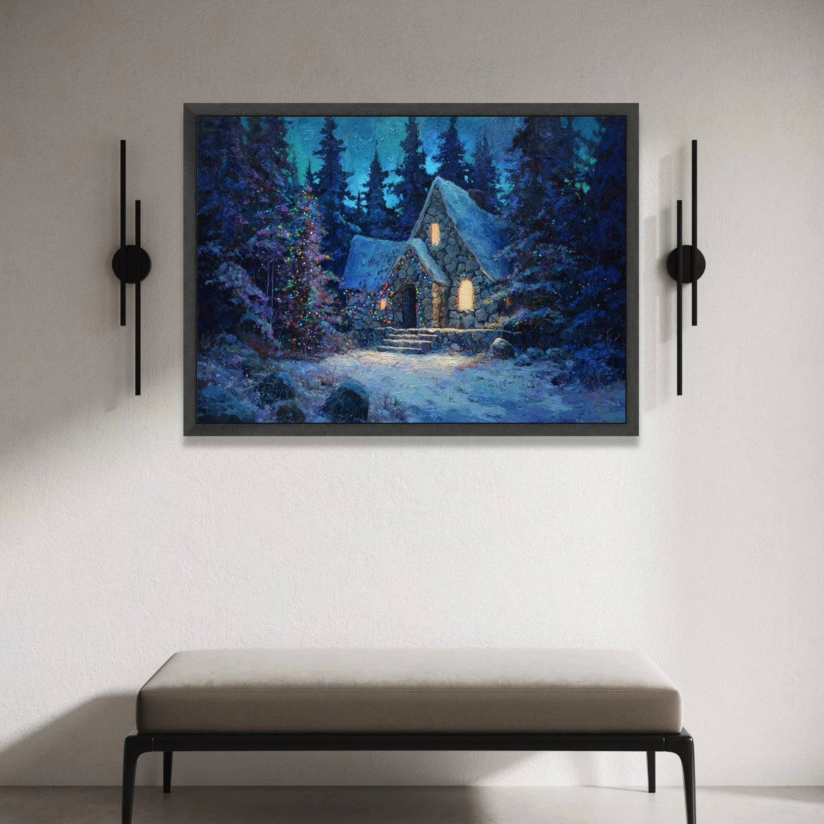 Cozy Winter Cabin Canvas Wall Art, Snowy Stone House, Holiday Lights Decor, Rustic Forest Scene, Warm Evening Canvas, Canvas Print Art