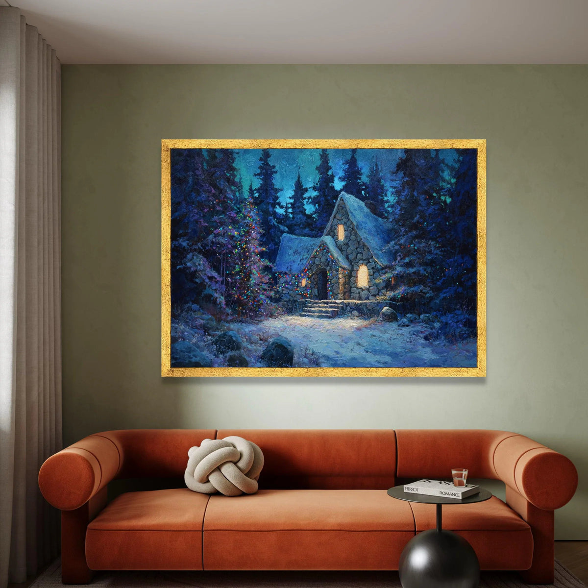 Cozy Winter Cabin Canvas Wall Art, Snowy Stone House, Holiday Lights Decor, Rustic Forest Scene, Warm Evening Canvas, Canvas Print Art