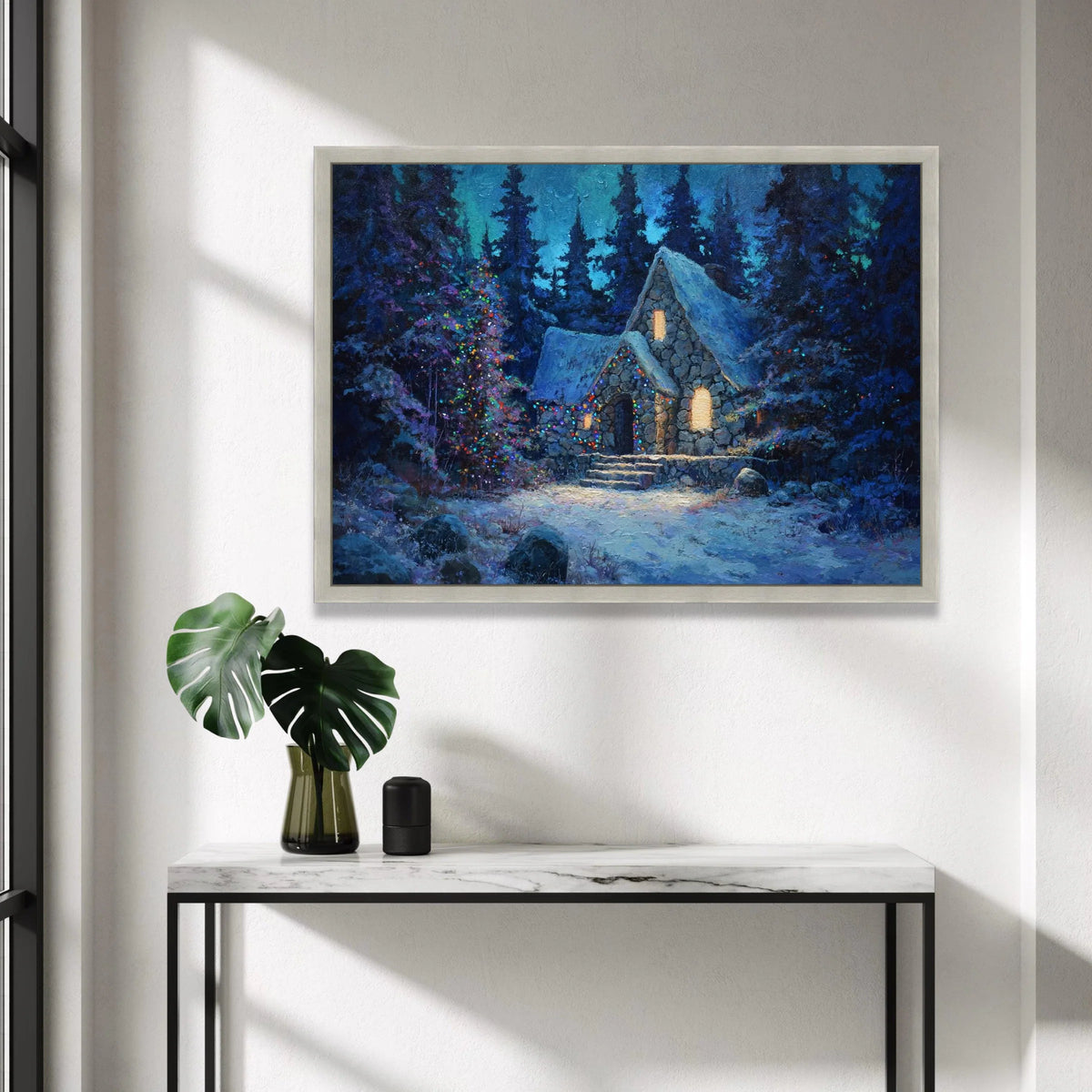 Cozy Winter Cabin Canvas Wall Art, Snowy Stone House, Holiday Lights Decor, Rustic Forest Scene, Warm Evening Canvas, Canvas Print Art