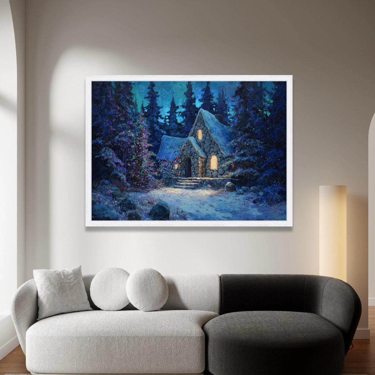 Cozy Winter Cabin Canvas Wall Art, Snowy Stone House, Holiday Lights Decor, Rustic Forest Scene, Warm Evening Canvas, Canvas Print Art